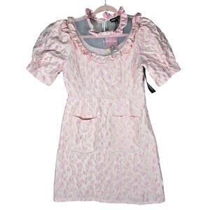Sister Jane Jacquard Dress Lg Pink Floral Brocade Puff Sleeve Pearl Pockets NWT